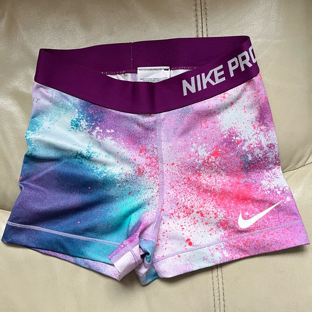 Neon Nike booty shorts- pink blue splatter design